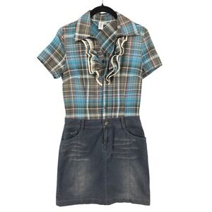XLXY Romper Dress Womens Large Plaid Ruffle Jean Denim Short Sleeve‎